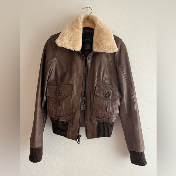 100% genuine brown leather bomber aviator jacket removable shearling collar - Picture 2 of 14